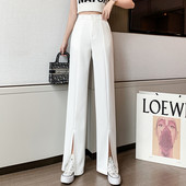 Pantaloni casual de dama cu fanta si talie inalta