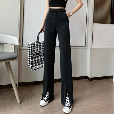 Pantaloni casual de dama cu fanta si talie inalta