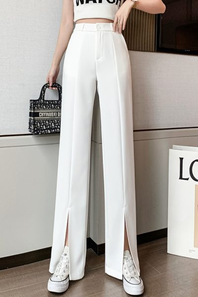 Pantaloni casual de dama cu fanta si talie inalta