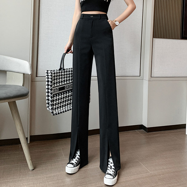 Pantaloni casual de dama cu fanta si talie inalta