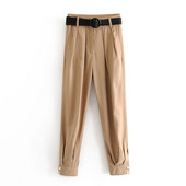 Pantaloni textile de dama cu nasturi la glezna si curea