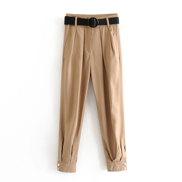 Pantaloni textile de dama cu nasturi la glezna si curea