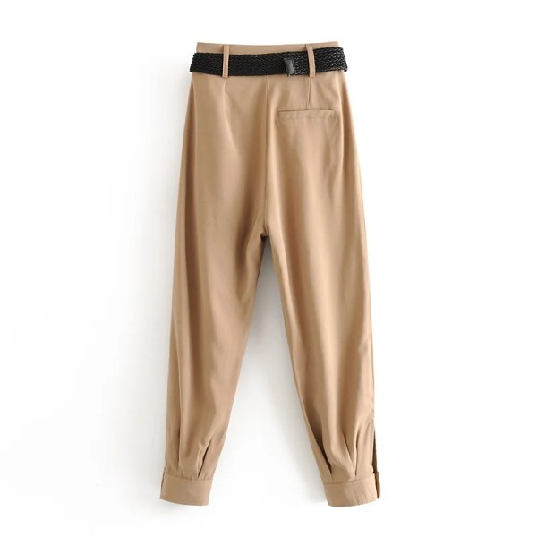 Pantaloni textile de dama cu nasturi la glezna si curea