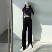 Дамски дълъг панталон с цепка и висока талия