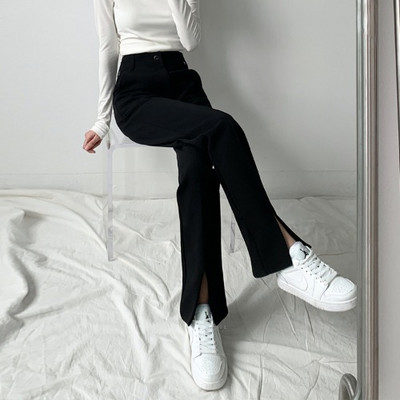 Дамски дълъг панталон с цепка и висока талия