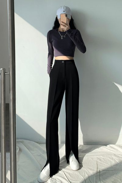 Дамски дълъг панталон с цепка и висока талия 