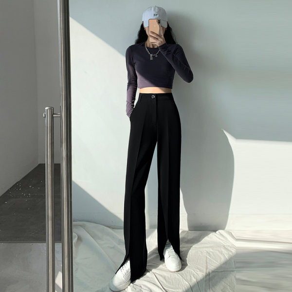 Дамски дълъг панталон с цепка и висока талия 