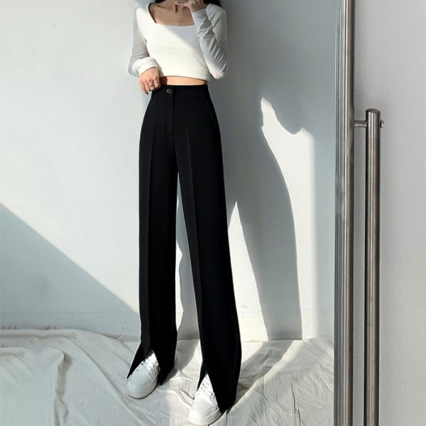 Дамски дълъг панталон с цепка и висока талия 