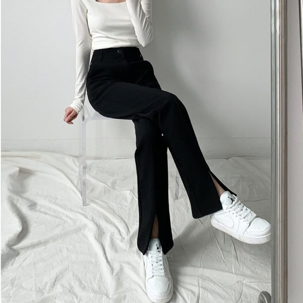 Дамски дълъг панталон с цепка и висока талия 