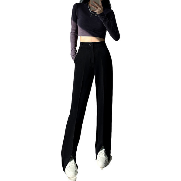 Дамски дълъг панталон с цепка и висока талия 