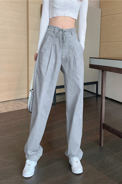 Ежедневен дамски панталон с джобове и връзки в сив цвят