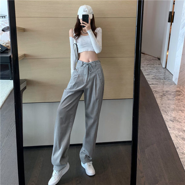 Ежедневен дамски панталон с джобове и връзки в сив цвят