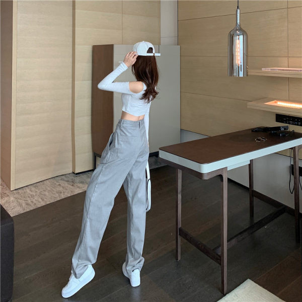 Ежедневен дамски панталон с джобове и връзки в сив цвят