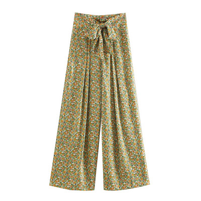 Дамски широк панталон с флорален десен и панделка