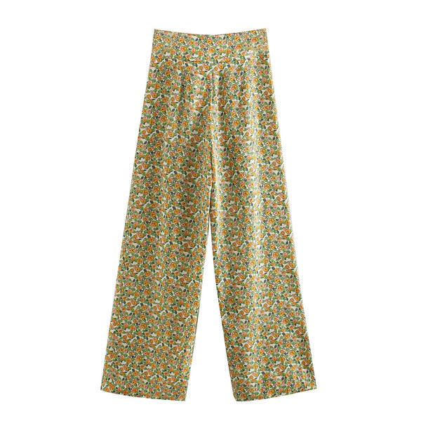 Pantaloni largi de dama cu model floral si panglica