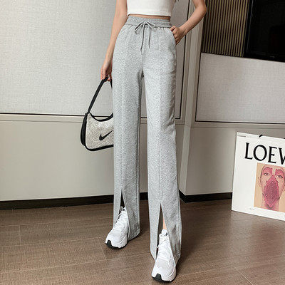 Pantaloni casual de dama cu talie elastica si cravate de culoare gri si negru