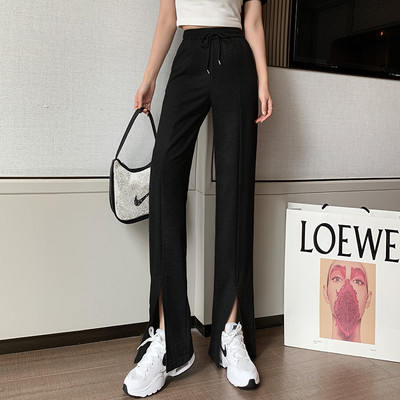 Pantaloni casual de dama cu talie elastica si cravate de culoare gri si negru