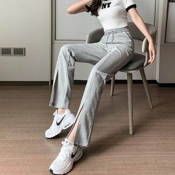 Pantaloni casual de dama cu talie elastica si cravate de culoare gri si negru