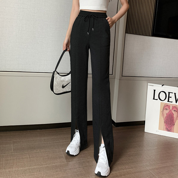 Pantaloni casual de dama cu talie elastica si cravate de culoare gri si negru