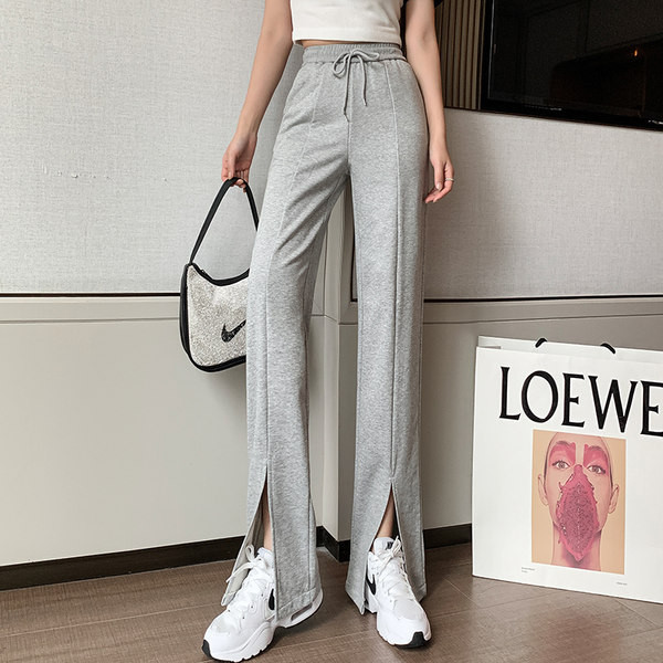 Pantaloni casual de dama cu talie elastica si cravate de culoare gri si negru