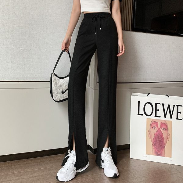 Pantaloni casual de dama cu talie elastica si cravate de culoare gri si negru