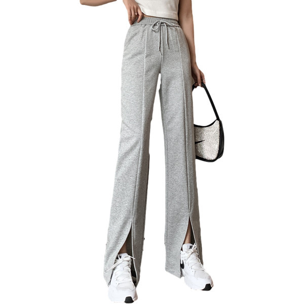 Pantaloni casual de dama cu talie elastica si cravate de culoare gri si negru