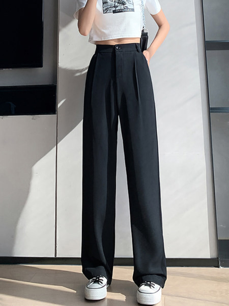 Baltos ir juodos moteriškos kelnės aukštu juosmeniu ir kišenėmis