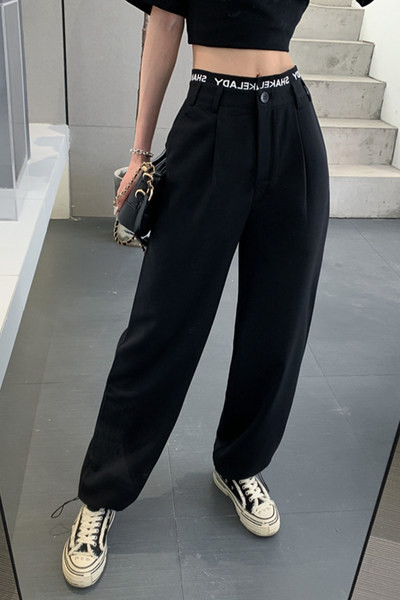 Pantaloni casual dama cu inscriptii si talie inalta