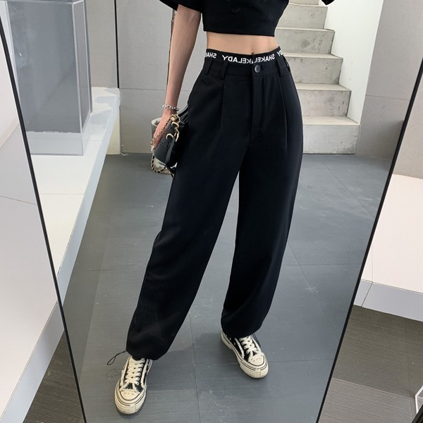 Pantaloni casual dama cu inscriptii si talie inalta