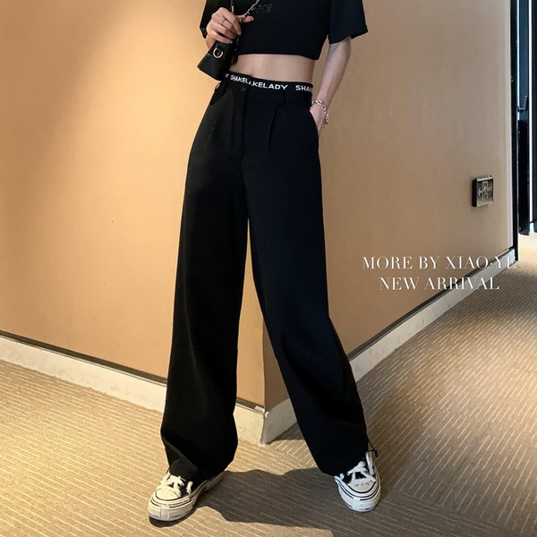 Pantaloni casual dama cu inscriptii si talie inalta