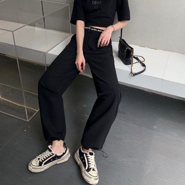 Pantaloni casual dama cu inscriptii si talie inalta