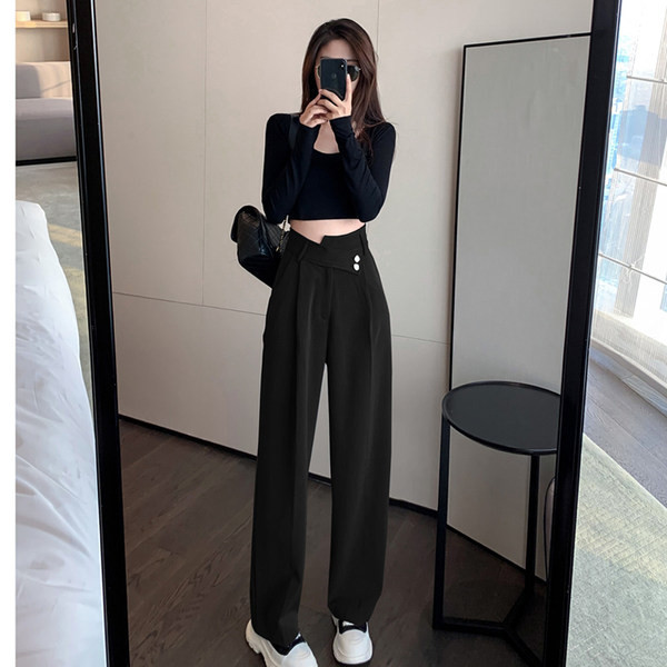 Pantaloni casual dama cu talie inalta - model larg