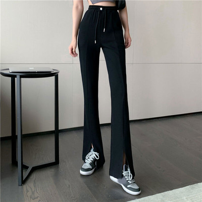 Дамски черен панталон с връзки и висока талия