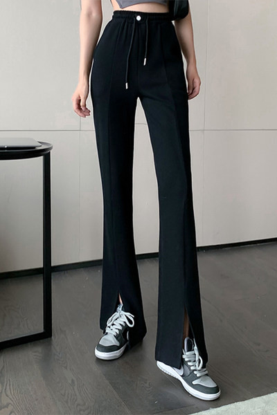 Pantaloni negri de dama cu cravate si talie inalta