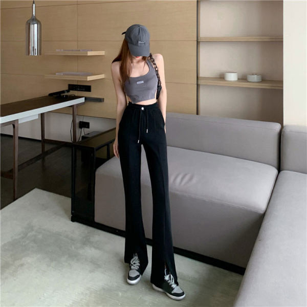 Pantaloni negri de dama cu cravate si talie inalta