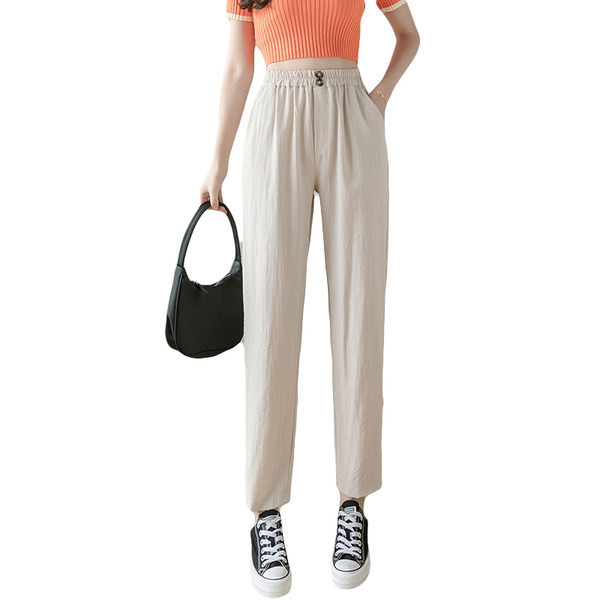 Pantaloni de dama cu talie inalta in bej si negru