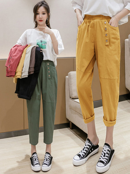 Pantaloni moderni de dama cu nasturi si talie inalta