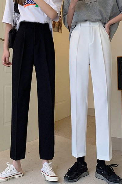 Pantaloni casual dama cu talie inalta - in alb si negru