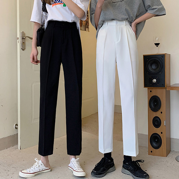 Pantaloni casual dama cu talie inalta - in alb si negru