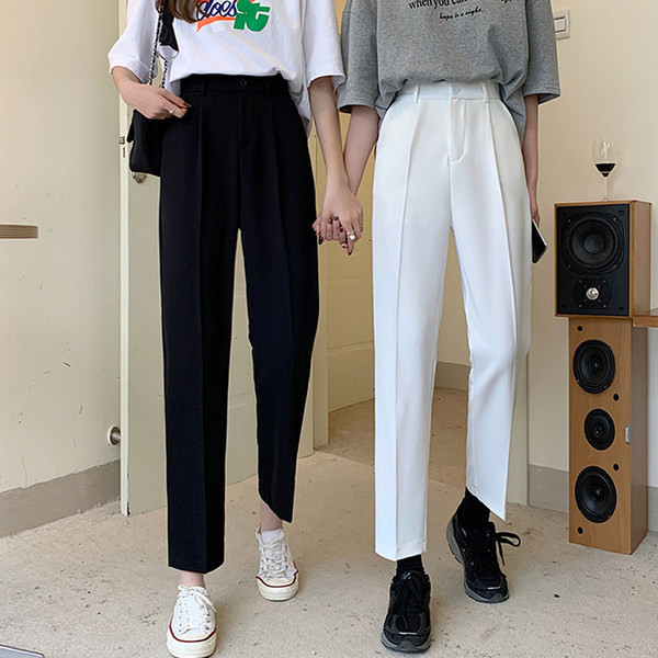 Pantaloni casual dama cu talie inalta - in alb si negru