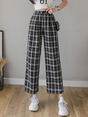 Кариран дамски панталон с висока талия и копче