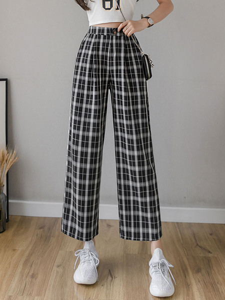 Кариран дамски панталон с висока талия и копче