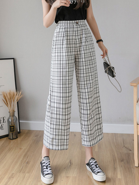 Кариран дамски панталон с висока талия и копче