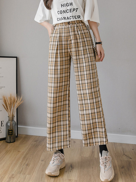 Кариран дамски панталон с висока талия и копче