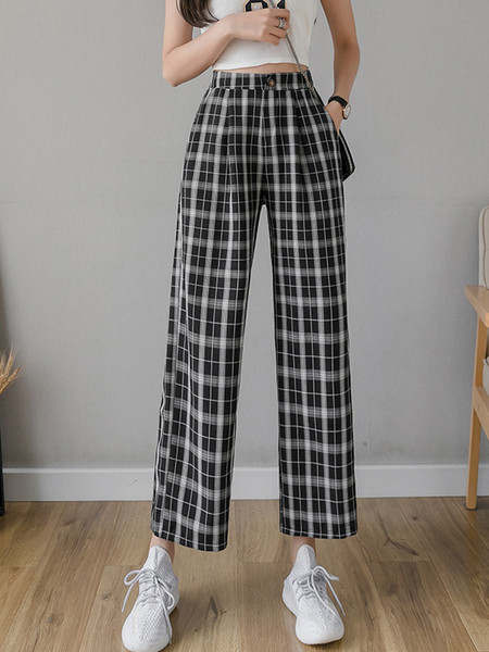 Кариран дамски панталон с висока талия и копче