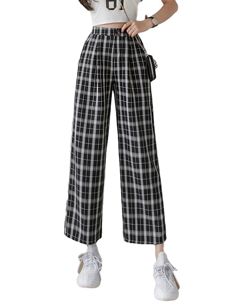 Кариран дамски панталон с висока талия и копче