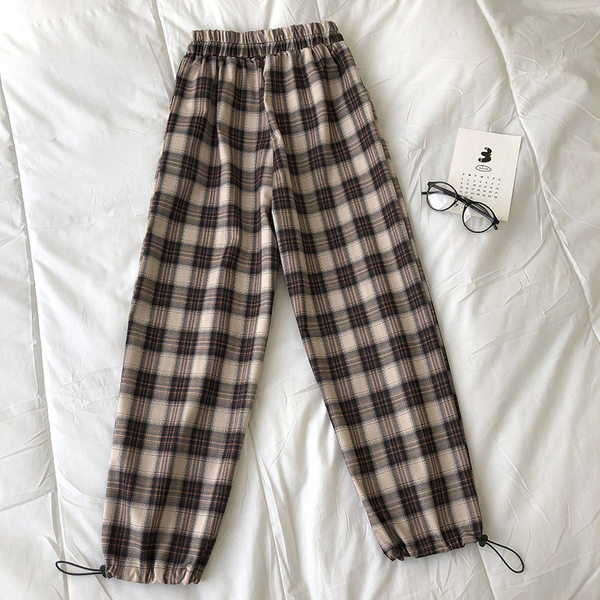 Кариран дамски ежедневен панталон с ластик