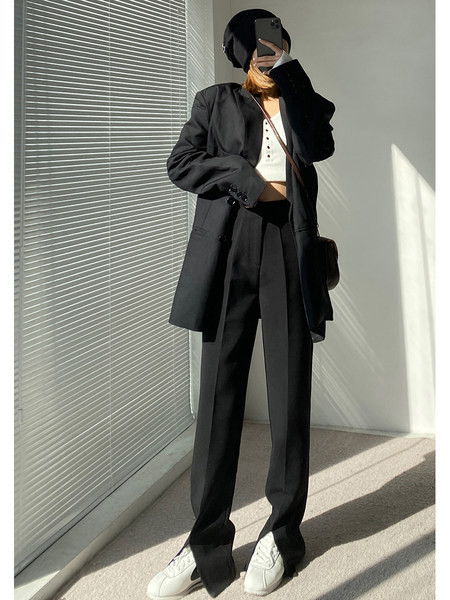 Pantaloni lungi de dama cu talie inalta in negru