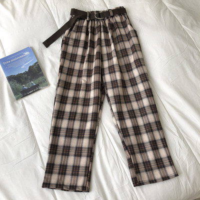 Кариран дамски панталон с колан и джобове