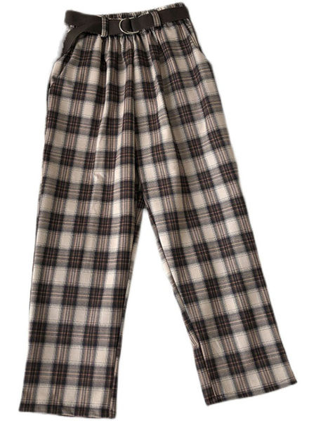 Кариран дамски панталон с колан и джобове